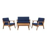 Linon Lathan 4-Piece Outdoor Chat Set Includes Couch Coffee Table and 2 Chairs Walnut Oil-Stained Finish with Dark Blue Fabric