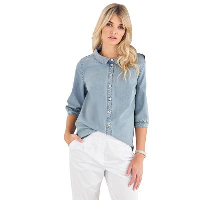 Jeansbluse HEINE, Damen, Gr. 42, blau (blau, bleached), 78% Baumwolle, 20% Polyester, 2% Elasthan, unifarben, 3/4-Ärmel, Blusen Image