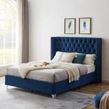 Queen Size Upholstered Platform Bed with Wood Frame and Metal Legs, Botton-Tufted Headboard with Nailhead Trim