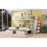 Full over Twin and Twin Size Wood Triple Bunk Bed with Storage Staircase, Drawers and Built-in Small Table