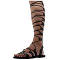 42 Schwarz Emmanuela Knieshohe Ledersandalen im antiken griechischen Stil, handgefertigte flache Gladiator sandalen mit offenen Zehen, hochwertige Sommerschuhe zum Binden für Frauen