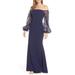 Off The Shoulder 3D Floral Sleeve Scuba Crepe Evening Dress - Blue - Eliza J Dresses