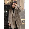 Manteau en laine à carreaux pour femmes vestes à revers minces mode coréenne vêtements d'automne