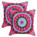 Stylo Culture Ethnic Decorative Suzani Throw Pillow Covers 16x16 Embroidered Pink Blue Stylish 40 x 40 cm Pom Pom Lace Cotton Floral Square Cushion Covers | Set Of 2