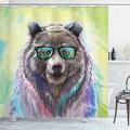 Abakuhaus Animal Shower Curtain, Funny Cool Low Wild Hipster Bear Spectacles Colorful Portrait Themed Print, Cloth Fabric Bathroom Decor Set with Hooks, 70 Inches, Lime Green Purple