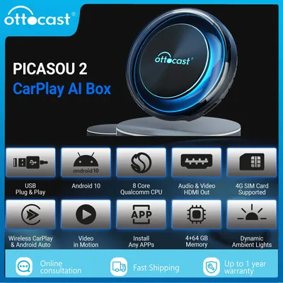 OTTOCAST PICASOU 2-CarPlay AI Box sans fil Android Auto Snapdragon 665 Android 10 lecteur de