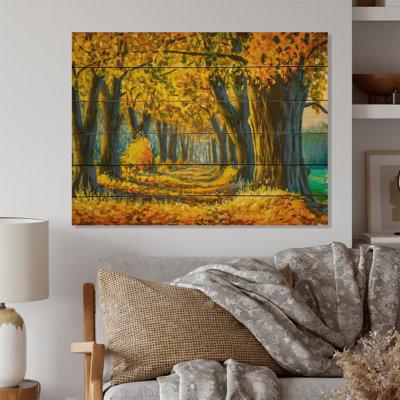 Winston Porter Sunny Autumn Forest Landscape II - Traditional Wood Wall Art - Natural Pine Wood Metal in Brown/Green/Yellow | Wayfair