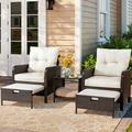 Sobaniilo 5 Piece Patio Furniture Set Outdoor PE Wicker Patio Chair Two with Ottoman Underneath Wicker Lounge Chair with Side Table Beige