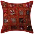 Stylo Culture Indian Couch Throw Pillow Cover 16 x 16 Patchwork Embroidered Red Sequins 40cm x 40cm Home Decor Cotton Geometric Square Cushion Cover | 1 Pc