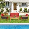 Patiojoy 4-Piece Patio Acacia Wood Furniture Set Outdoor PE Rattan Conversation Set with Removable Cushions Red