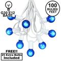 100 Foot G30 Outdoor Patio String Lights with 125 Blue Globe Bulbs â€“ Indoor Outdoor String Lights â€“ Market Bistro CafÃ© Hanging String Lights â€“ C7/E12 Base - White Wire