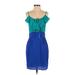 Single Casual Dress - Sheath Tie Neck Sleeveless: Blue Print Dresses - Women's Size Small