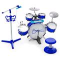 COSTWAY Kids Drum Kit with Stool, 8-Keys Keyboard, Microphone and 2 Drumsticks, Jazz Drum Play Set, Musical Instruments Toy for 3 Years + Boys Girls (Blue)