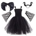 Halloween Costume Children Girls Maleficent Devil Witch Costume Princess Knitted Tulle Dress Party Dress Angel Wings Horns Devil Horns Carnival Party Cosplay Fancy Dress Costumes 2# Black 9-10 Years