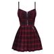 QIANKUN Harajuku Pleated Punk Gothic Mini Dress French Red Black Spaghetti Strap Sleeveless Mini Short Plaid Dresses Goth Streetwear-red plaid,XL