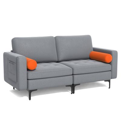 Costway Modern Loveseat Sofa with 2 Bolsters and Side Storage Pocket-Gray