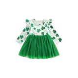 DcoolMoogl Toddler Baby Patchwork Dress St Patrick s Day Ruffled Fly Long Sleeve Round Neck Clover Print Tulle Dress Sundress