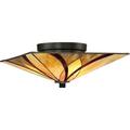 Tiffany Geometric 2-Light Flush Mount Ceiling Light in Valiant Bronze with Classic Patterns Glass Shades 15 inches W X 6.5 inches H Bailey Street Home