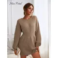 MISS PETAL-Robe pull en tricot accent d'abeille pour femme manches longues pull long marron