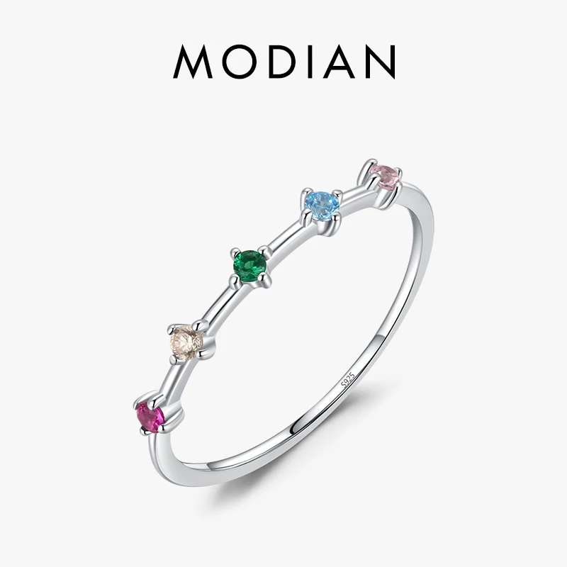 Modian 925 argent Sterling arc-en-ciel CZ simulé diamant empilable mince anneaux bandes de mode pour les femmes Style coréen bijoux fins