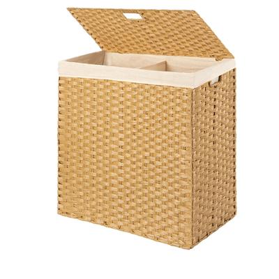 Folding 2-Bin PE Wicker Linen Liner Laundry Hamper with Handles - 22 inches L x 12 inches W x 24 inches H