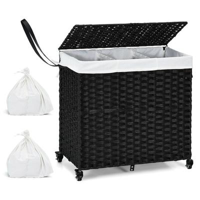 Black 3 Bin Linen Lined on Wheels PR Rattan Laundry Hamper - 25.5 inches L x 13 inches W x 26 inches H