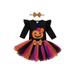 Newborn Infant Baby Girls Halloween Outfit Pumpkin print Romper Multicolor Yarn Skirt and Headdress