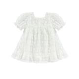 Kupretty Little Girl Dress Lace Floral Square Neck Puff Short Sleeve Loose Sheer Princess Dress Gown