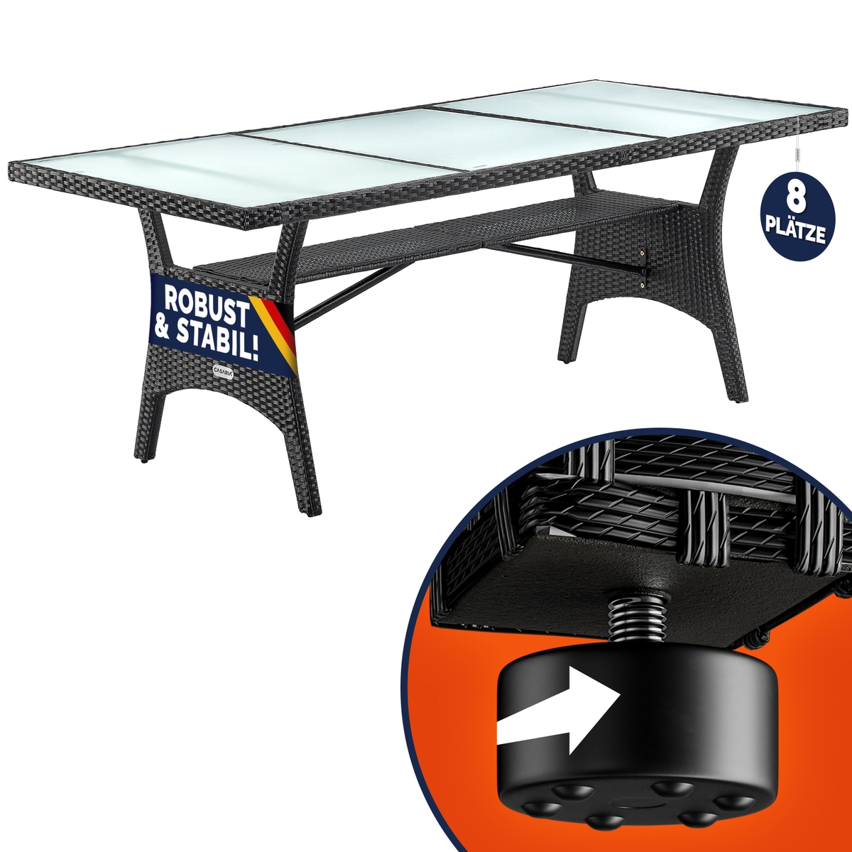 CASARIA® Polyrattan Gartentisch Glasplatte 190x90x74cm schwarz Image