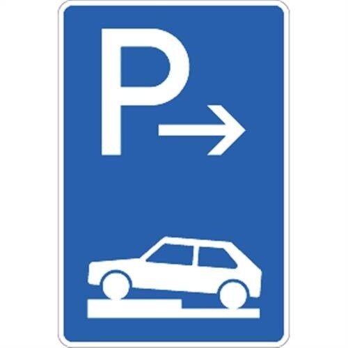 Verkehrsschild VZ315-71, Parken halb auf Gehwegen quer links (Anfang), Alu, RA2, 420x630 mm Image