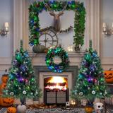The Holiday Aisle® Pre-Lit Christmas Decoration 4-Piece Set, Artificial Christmas Garland, Wreath & Set Of 2 Entrance Trees w/ Lights | Wayfair