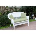 Jeco W00206-L-FS029-CL White Wicker Patio Love Seat With Green Cushion And Pillows