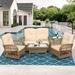 MEETWARM 5 Pieces Outdoor Wicker Patio Conversation Sets with Glider Loveseat 2 Chairs with 2 Glass-Top Coffee Table Wicker Rocking Glider Set Wicker Conversation Set with Thickened Cushions Beige