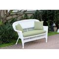 White Wicker Patio Love Seat With Green Cushion And Pillows