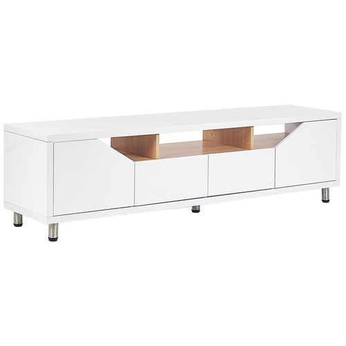 TV-Möbel Weiß MDF Platte 160 x 40 cm Hochglanz Holzoptik Niedrig mit Stauraum 2 Schubladen 2 Türen 3 Regalen Modern Minimalistisch Wohnzimmer