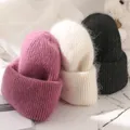 Bonnets en fourrure de lapin pour femme et fille en laine tricotée solide et chaud Angora à la