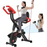 Pooboo Foldable Upright Stationary Exercise Bike Indoor Cardio Magnetic X-Bike 8 Adjustable Magnetic Resistance Cycling Bicycle with LCD Monitor Pull Rope & Phone Holder