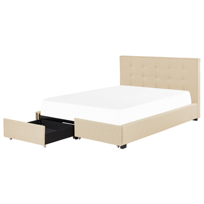 Polsterbett Beige Leinenoptik 180 x 200 cm mit Bettkasten Stauraum Modern Elegant Glamourös Gepolstertes Bett für Schlaf