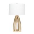 Wooded Arch Farmhouse Table Lamp with White Fabric Shade Natural