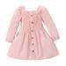 Xmarks Baby Kids Girl Dresses Outfit Solid Color Long Sleeves Single-Breasted Button Playsuit Dress Pink 12M-5T