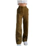 Dadaria High Waisted Cargo Pants Women High Waist Slim Corduroy Straight Tube Pants Khaki L Female