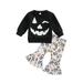 Calsunbaby Kids Toddler Girls Halloween Outfits Horror Smiley Face Print Sweatshirt + Cartoon Letter Print Flared Pants Black 6-12 Months