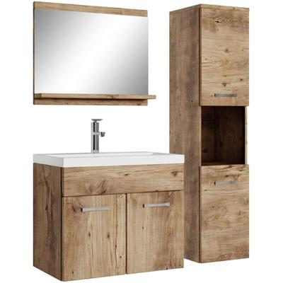 Badezimmer Badmöbel-Set Montreal 60cm Waschbecken Eiche Kastanie - Unterschrank Hochschrank