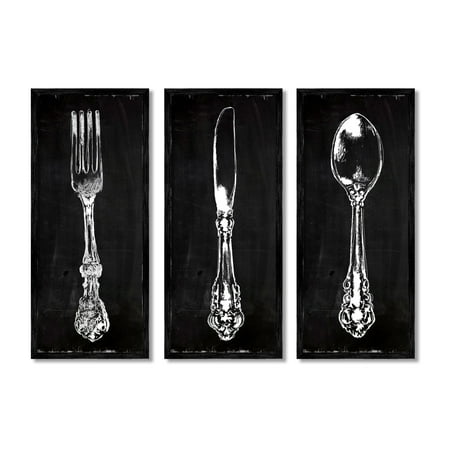 Stupell Industries Vintage Silverware Cutlery Kitchen Utensils Fork Spoon Graphic Art Black Framed Art Print Wall Art Set of 3 Design by Carol Robinson