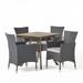 GDF Studio Hahn Outdoor Acacia Wood and Wicker 5 Piece Dining Set with Cushions Gray and Light Gray