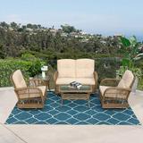 VIVIJASON 5-Piece Outdoor Patio Wicker Conversation Sets All Weather Outdoor Rattan Furniture Set Includes Glider Loveseat 2 Coffee Table 2 Swivel-Gliders Chairs with Cushions Light Brown
