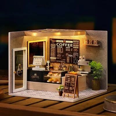 Cutebee – Kit de construction Miniature de maison de poupée avec meubles et café léger pièce en