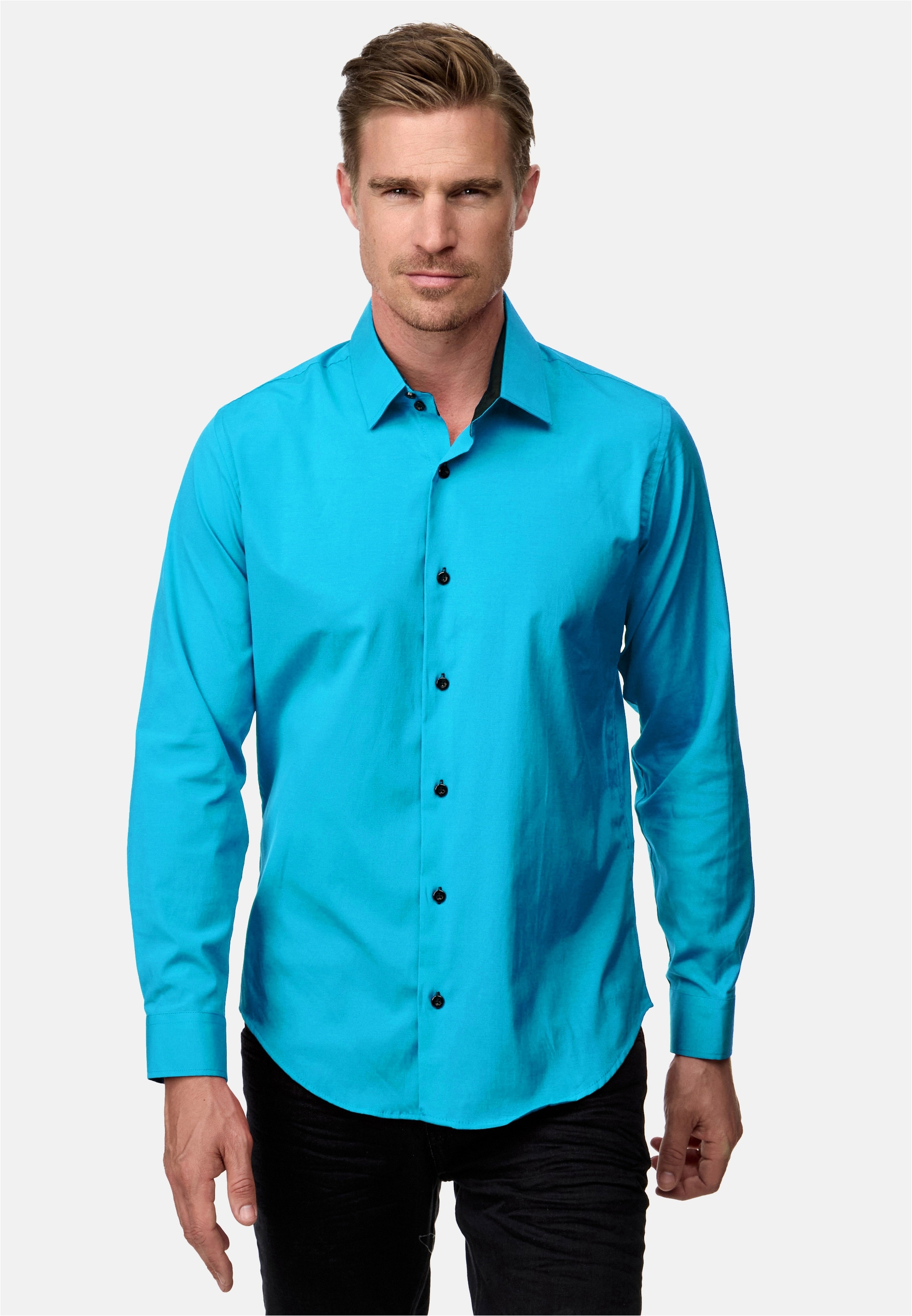 Langarmhemd RUSTY NEAL, Herren, Gr. S, EURO-Größen, blau (türkis), 60% Baumwolle, 37% Polyester, 3% Elasthan, unifarben, Hemden, mit trendigem Farbkontrast