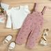 HESHENG Toddler Baby Girls 2Pcs Fall Outfits Long Sleeve Ribbed Knit Ruffle T-Shirt Tops + Suspender Pants Overalls Set 12-18M