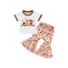 Canrulo Infant Toddler Baby Girls Halloween Clothes Short Sleeve Pumpkin Print T-shirt+ Bell-Bottoms Pants Casual Outfits Beige 18-24 Months